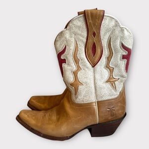 Frye Lilly Tan Brown Leather Cowgirl Western Underlay Cowboy Boots Sz 8.5